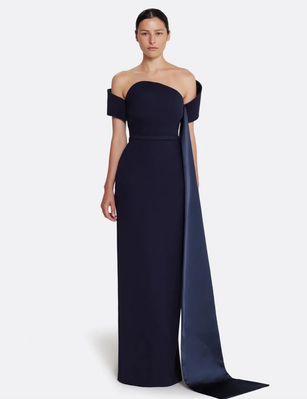 Customized Navy Blue Sizes Available Simple Jersey Pleat Straight Off-the-shoulder Floor-Length Evening Dresses High Quality