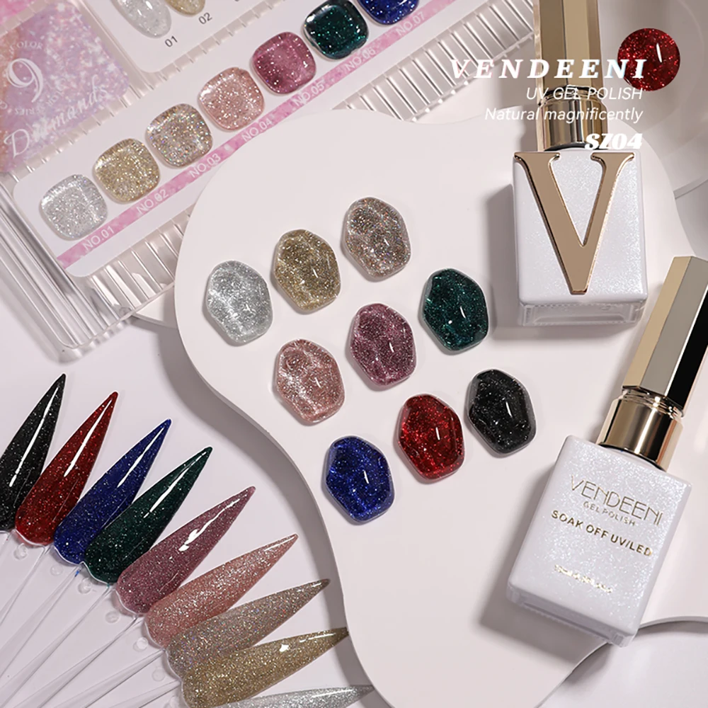 Vendeeni 9 Farben/Set Glitzer-Broken-Diamond-Gel-Nagellack TPO FREE Schwarz Gold Silber Flash UV LED Gel-Lack mit Display – Detail 9
