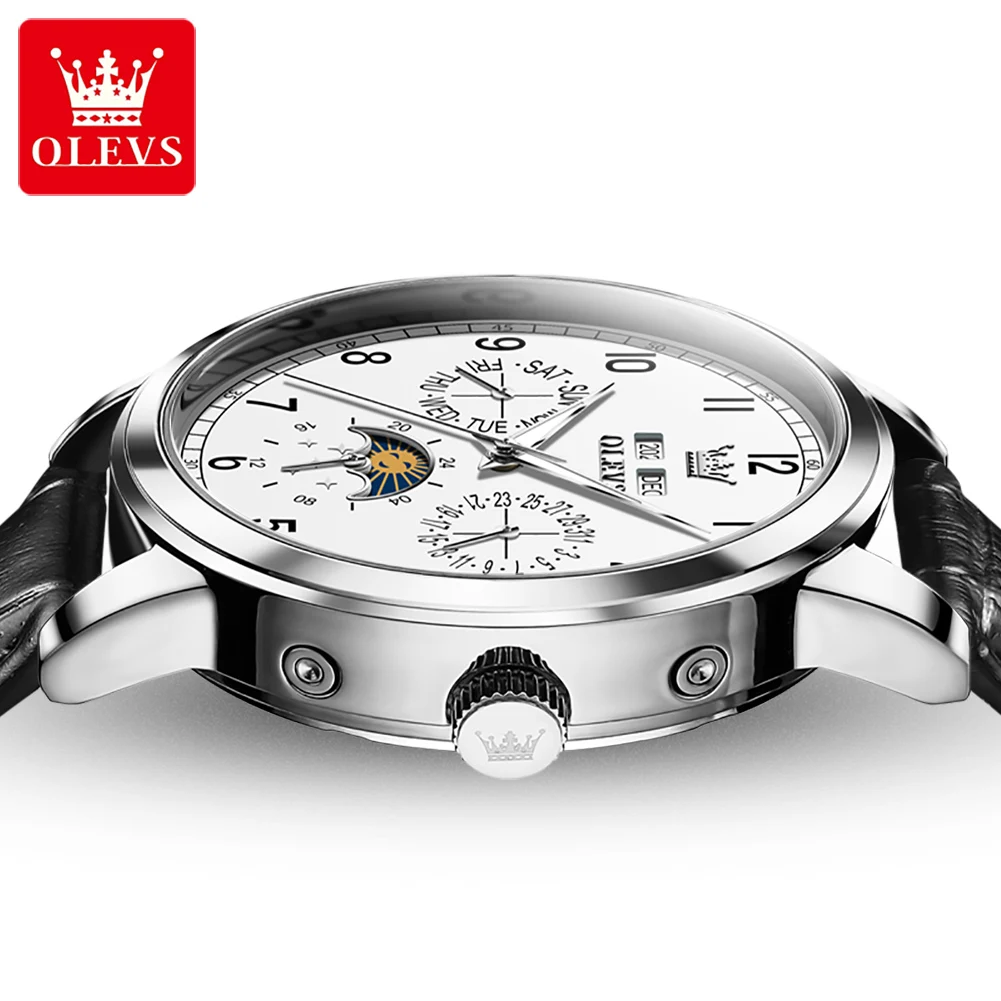 OLEVS 6698 New Moon Phase Mechanical Watch For Men Number 42mm Big Dial Leather Hand Clock Waterproof Automatic Man Watches 2024