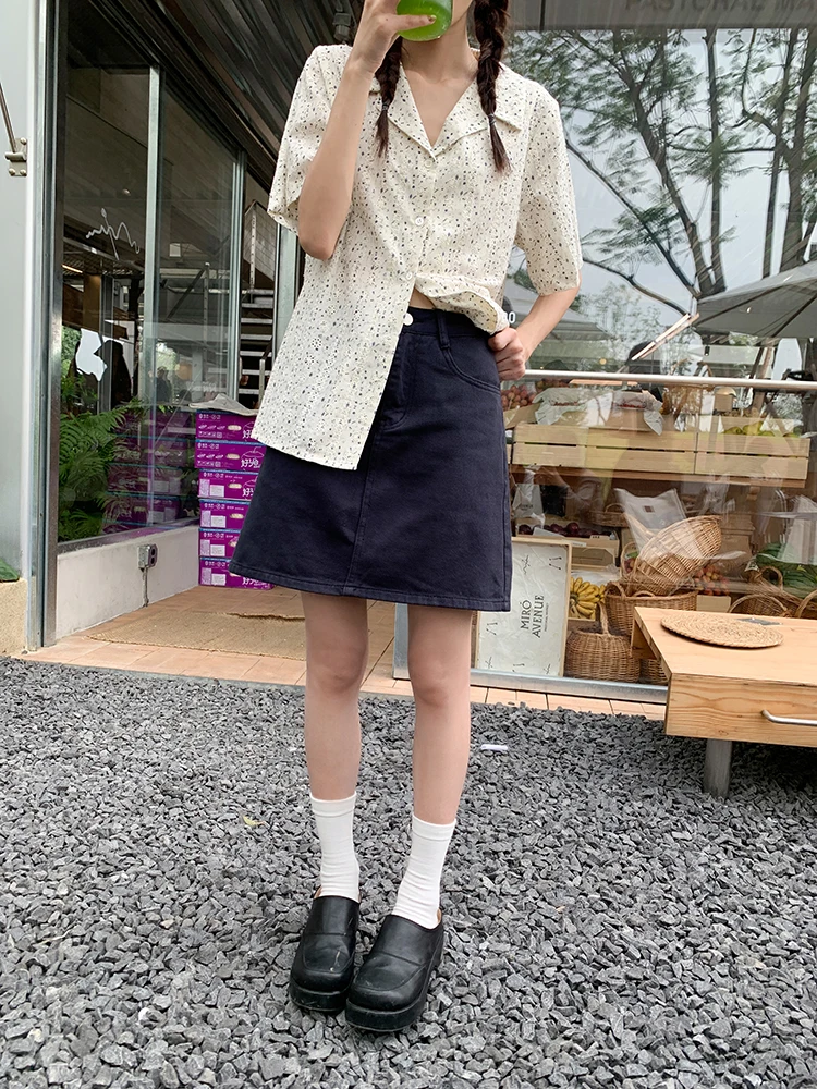 

Deep Blue A-Line Skirt Women's Summer High Waist Slimming ort Skirt Small Stature Elegance Cotton Casual Skirt