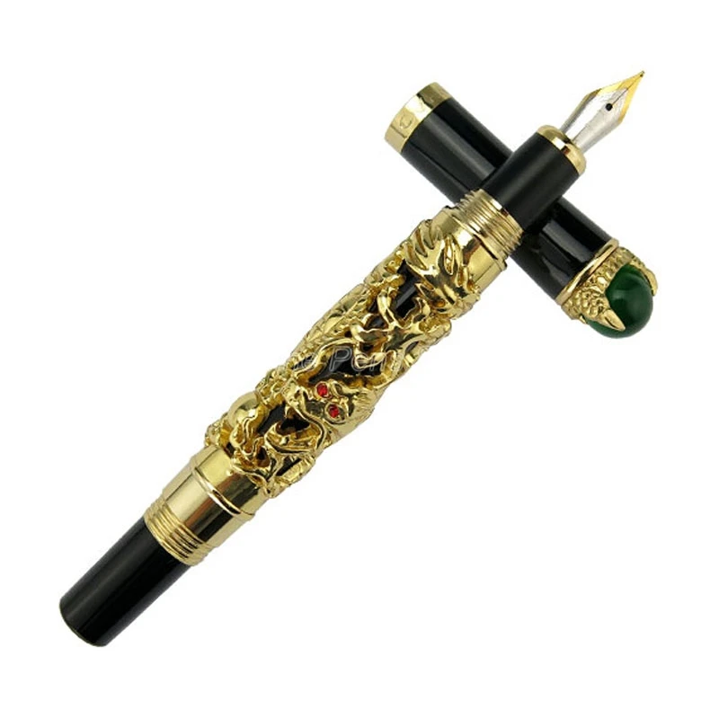 

Jinhao Ancient Dragon King 18KGP M Nib Fountain Pen Metal Embossing Red Jewelry on Top, Golden Drawing For Business Gift Pen
