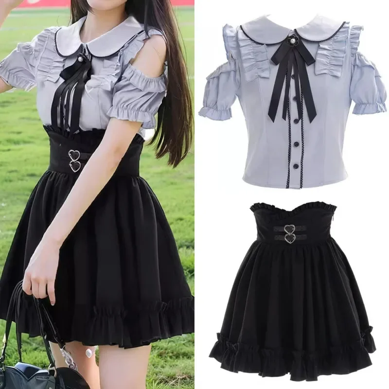 

Bow Lace Tops&Tees Dresses Set Y2K Aesthetic Kawaii Japan JK Lolita Sweet Off Shoulder Button Lace Hoodie Pullover Skirt Tee New