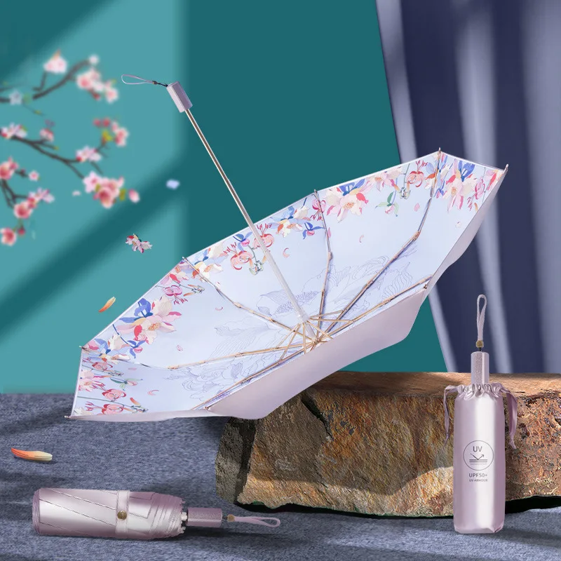 

Reinforced Thickened Double Layer Three Folding Hand Open Sunscreen Umbrella Simple Vintage Sun Shade Umbrella Rain Sun Dual Use
