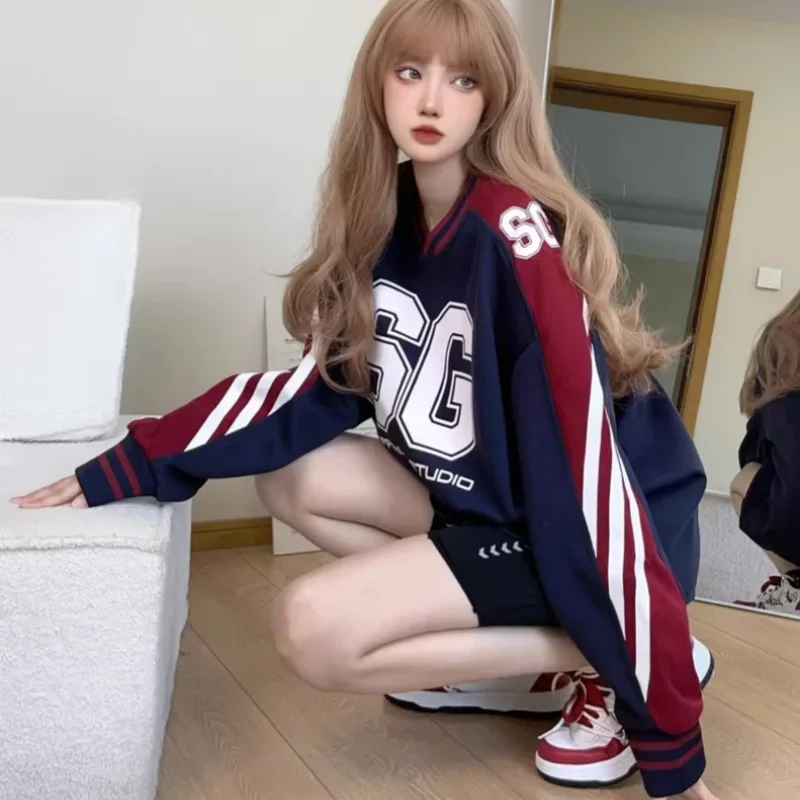 American Retro Color Blocked Sports Tops Long Raglan Sleeves V-neck Sweatshirt Baseball Letter Printed Loose Oversized Pullover