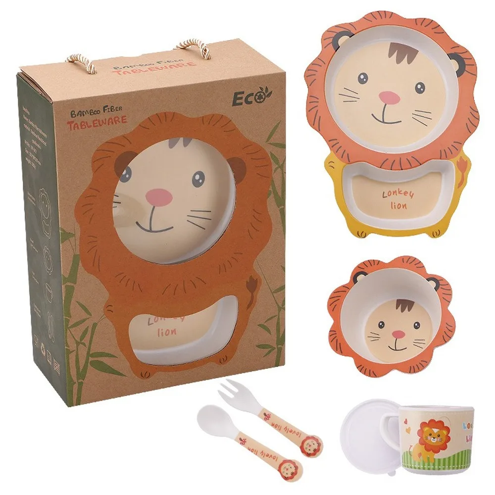 5 Pcs/set Cute Carton Animals Bamboo Fiber Kids Baby Children Solid Feeding Dinnerware Tableware Set Plate Bowl Cup Fork Spoon