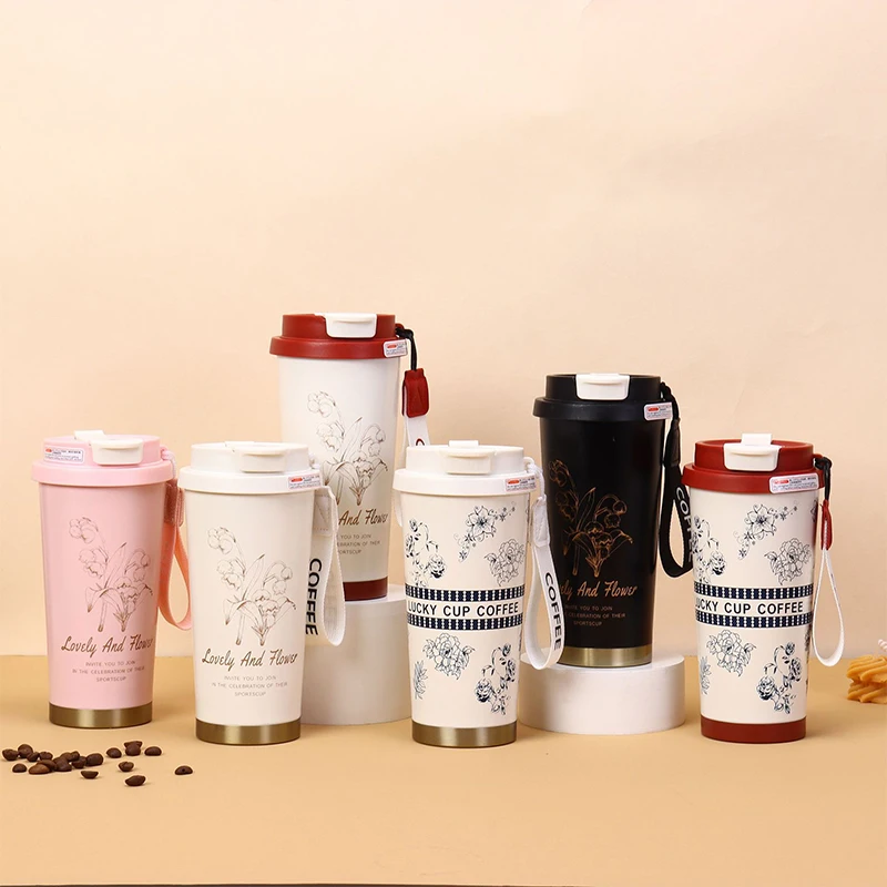 316 thermos cup coffee cup gardenia flower pattern large capacity stainless steel water cup accompanying straw Portable car cup