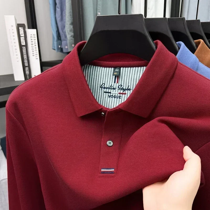 Autumn new thickened double-sided pearl cotton long-sleeved T-shirt men's middle-aged men's lapel POLO casual top image 2