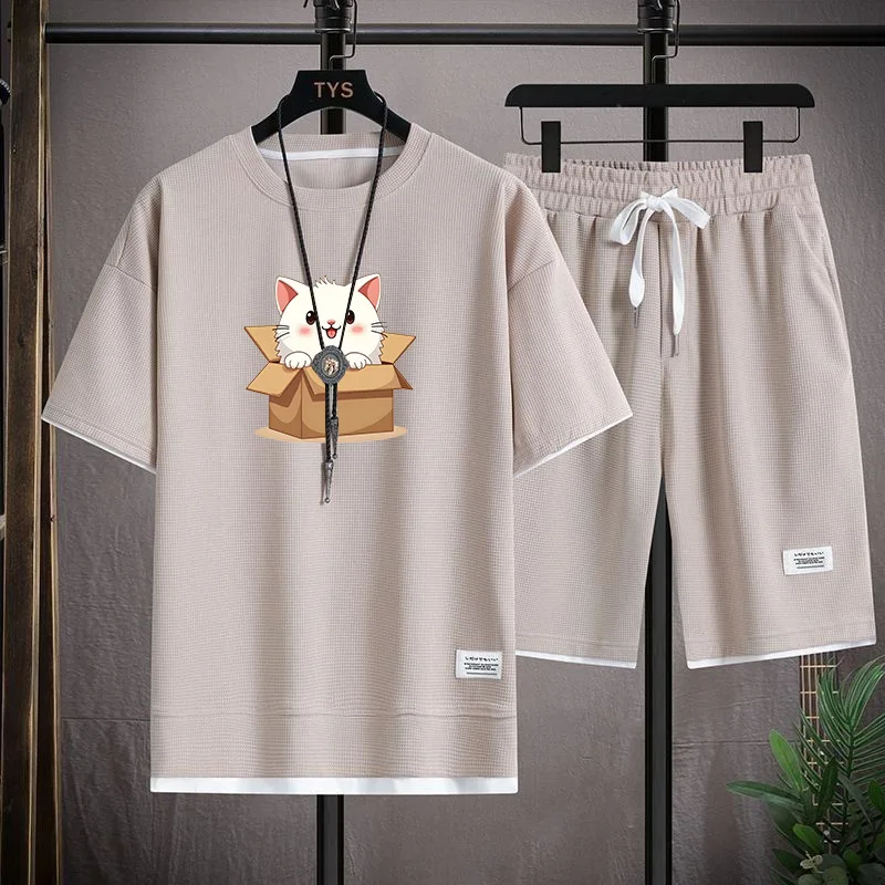 

Летний повседневный мужской комплект из двух предметов свободного кроя с коротким рукавом, тонкий, модный, в гонконгском стиле, спортивный, с вафельным узором, из полиэфирного волокна