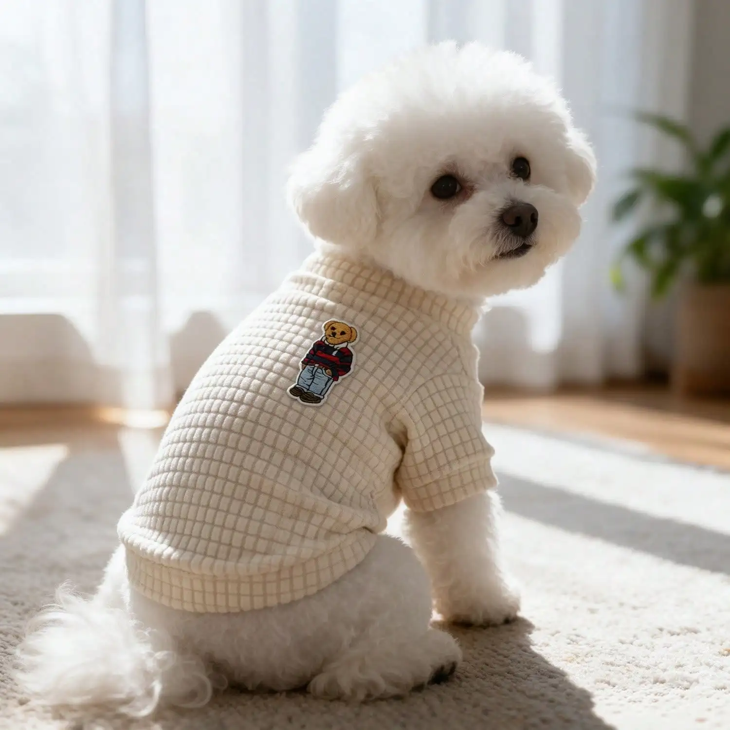 1 Stück Bären-Patch Waffel-Strick-Hundeshirt, weiches Halbrollkragen-Haustier-Outfit für kleine Hunde – Detail 3