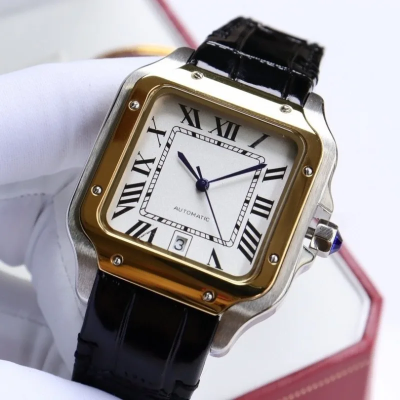 Mens Watches Popular Watch Santos Series Leather Belt Diamond Sapphire Watch Square Fashion Couple Quartz Watch Luxury Watch