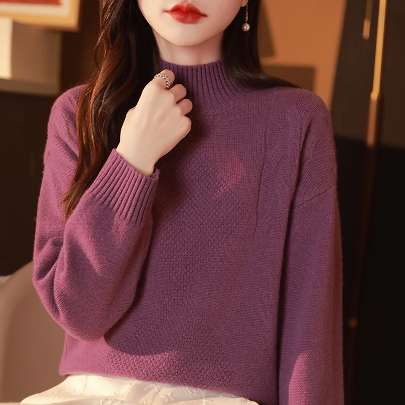 

100% Merino Wool Fashion Mock Neck Solid Color Fashion Sweater Long Sleeves Pullover Cashmere Gentle Warm Soft Clothing Top