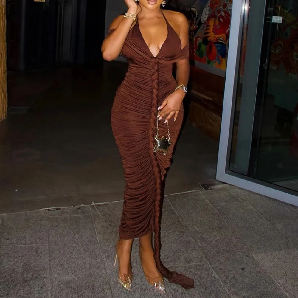 Frauen Sexy Braid Band Geraffte Bodycon Maxi Kleid V-ausschnitt Spitze Up Halter-Backless Off Schulter Schlank Bankett Party Lange Robe