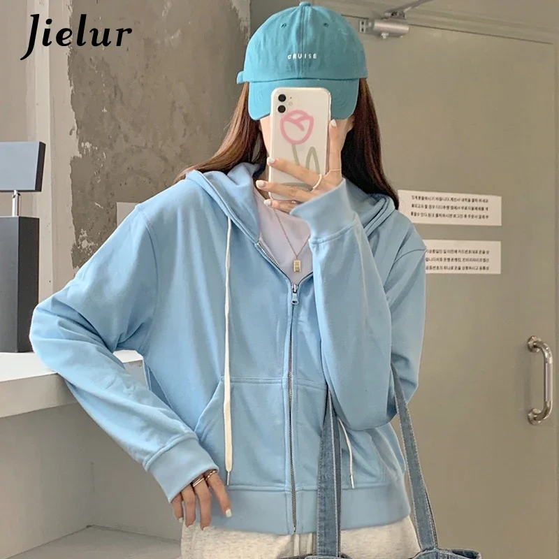 Jielur Herfst Koreaanse Short Hoodies Dames Streetwear 6 Pure Kleuren Casual Dun Sweatshirt Met Capuchon Damesvesten S-L