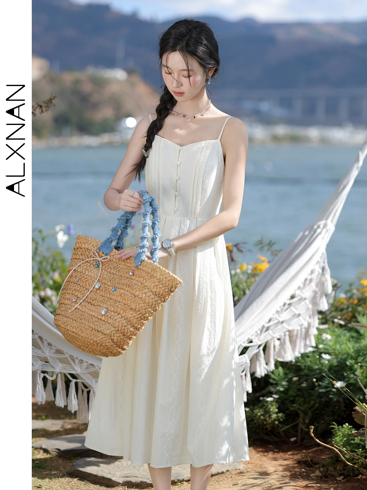 ALXNAN Frenchy Elegant Women Cotton Slip Dresses 2024 Woman Vacation Outfit Female V Neck Button Front Summer Midi Dress L336217