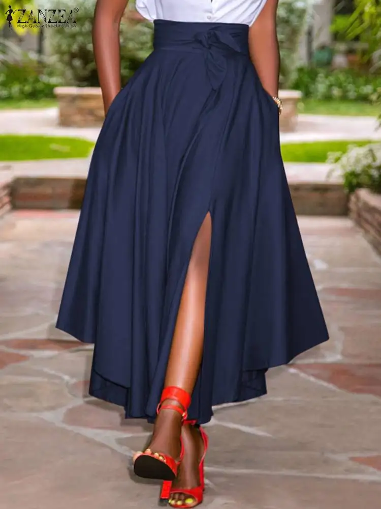 ZANZEA 2023 Summer Women Party Split Sundress Stylish Irregular Skirts High Waist Maxi Vestidos Solid Robe Saia Holiday Faldas