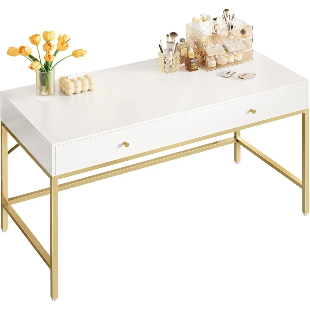 Vanity Desk with Drawers, 47 inch Computer Desk, Simple Home Office Desks, Makeup Dressing Table for Bedroom - White and Gold