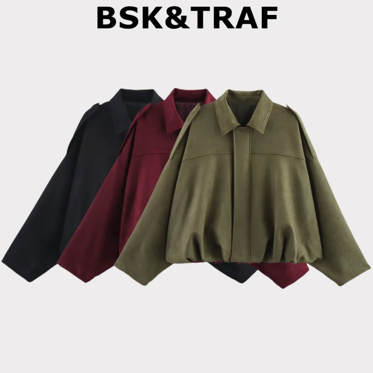 

BSK&TRAF Commuting Casual Suede Textured Lapel Bomber Jacket 2025 Spring New Lapel Bat Sleeve Loose Short Jacket