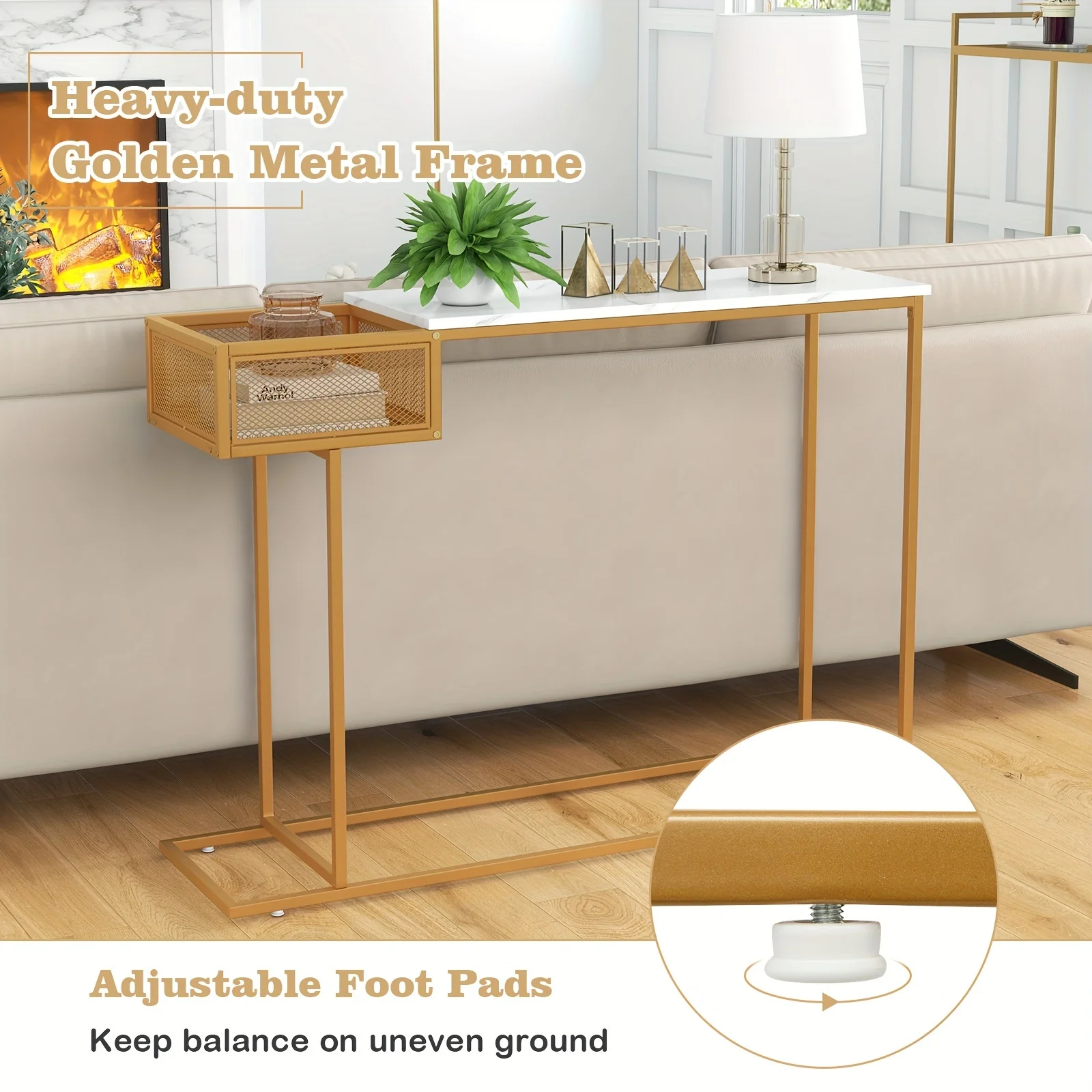 

Узкий консольный столик из искусственного мрамора для прихожей с проволочной корзиной для хранения