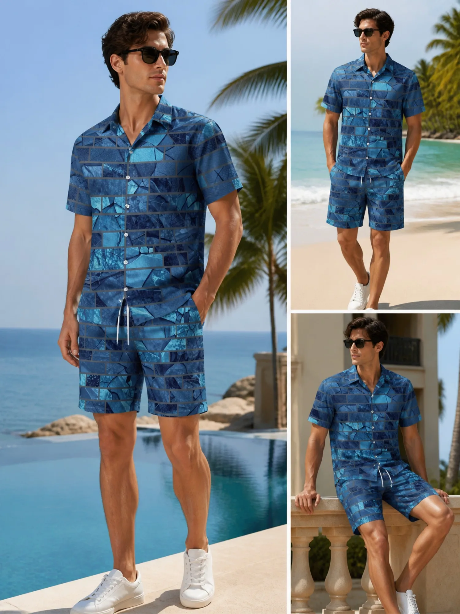 Ensemble chemise à manches courtes à motifs floraux et short à cordon de serrage pour homme, tenue décontractée pour les vacances à la plage, tenue de voyage décontractée en deux pièces, vêtements de détente