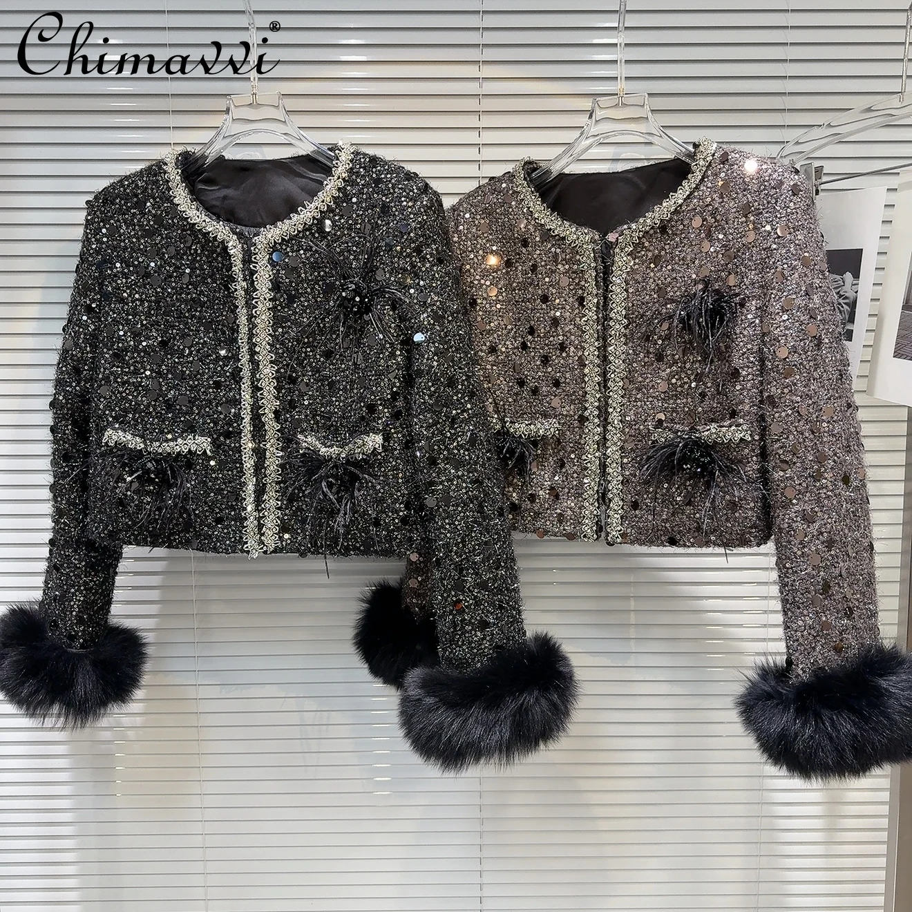 Winter New High-end Fashion Fox Fur Cuffs Drilled Tweed Jacket Light Luxury Long-sleeved Elegant Down Inner Short Coats Women