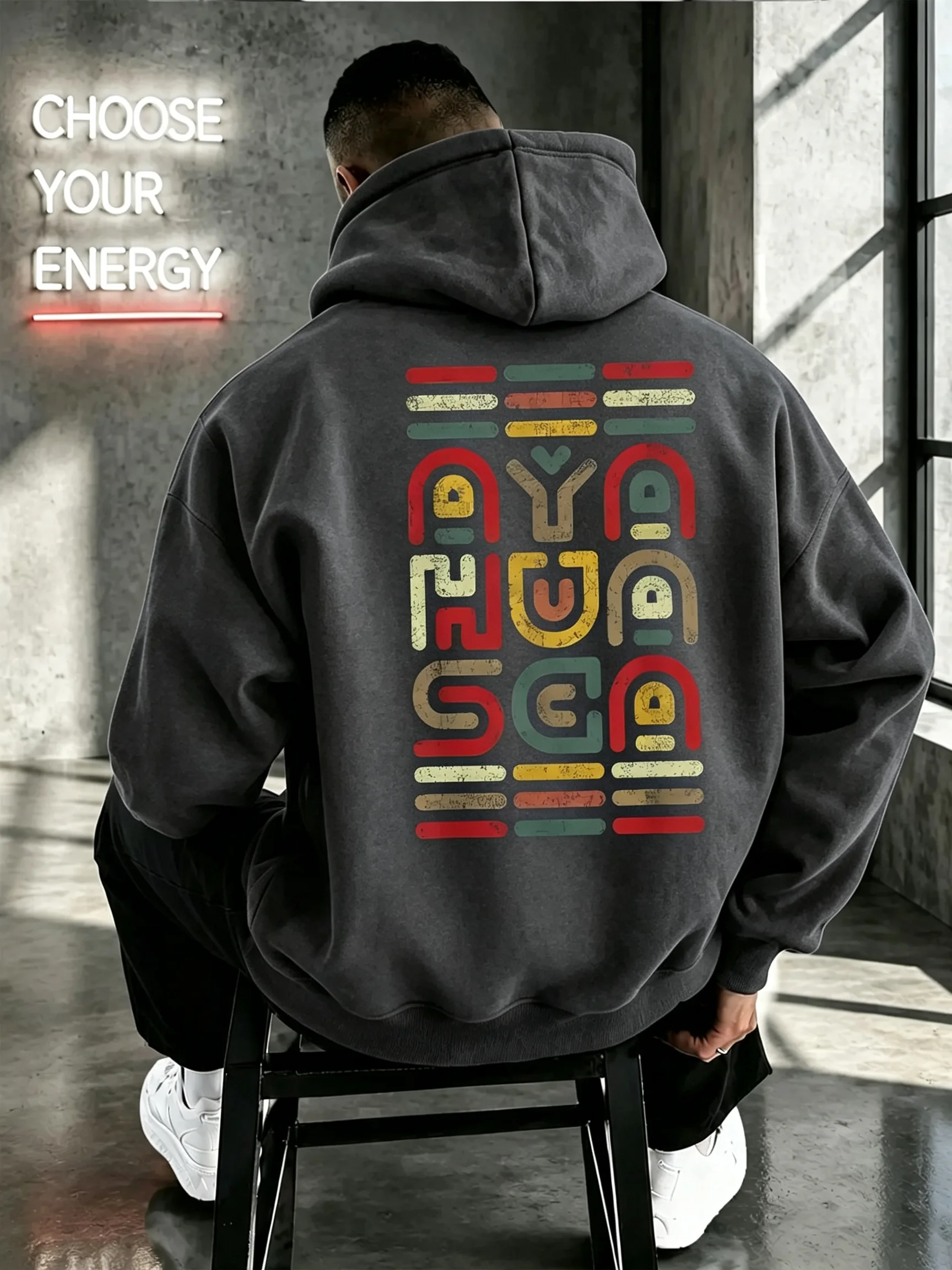 Boho Abstract Styled Color Letter Mens Hooded Sweatshirt Vintage Multicolored Alphabet Art Print Casual Loose Street streetwear