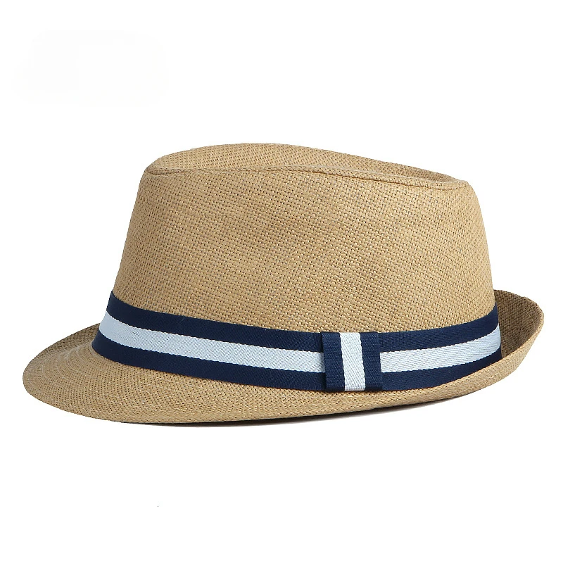 Summer Men\'s Jazz Hat British Retro Spy Hat Beach Casual Straw Woven Small Top Hat Female Stripe Belt Fedoras Hat Panama Cap