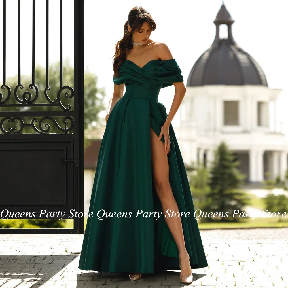 Emerald Green Evening Dress Off The Shoulder V Neck Pleat High Split Floor Length A Line Satin Prom Gown Simple Party Dresses