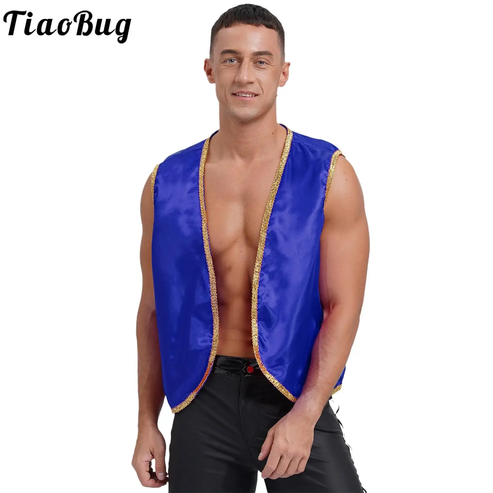 

Men's Arabian Costume Princes Cosplay Waistcoat Satin Open Front Sleeveless Gold Trim Vest Halloween Fancy Dress Party Clothes