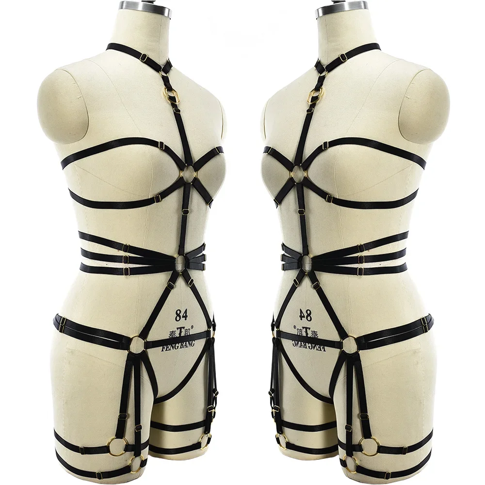 Women Goth Bodysuit Black Collar Body Harness Open Chest Harness Bra Bondage Garter Belt  Sexy Lingerie Sexy Costumes Suspender