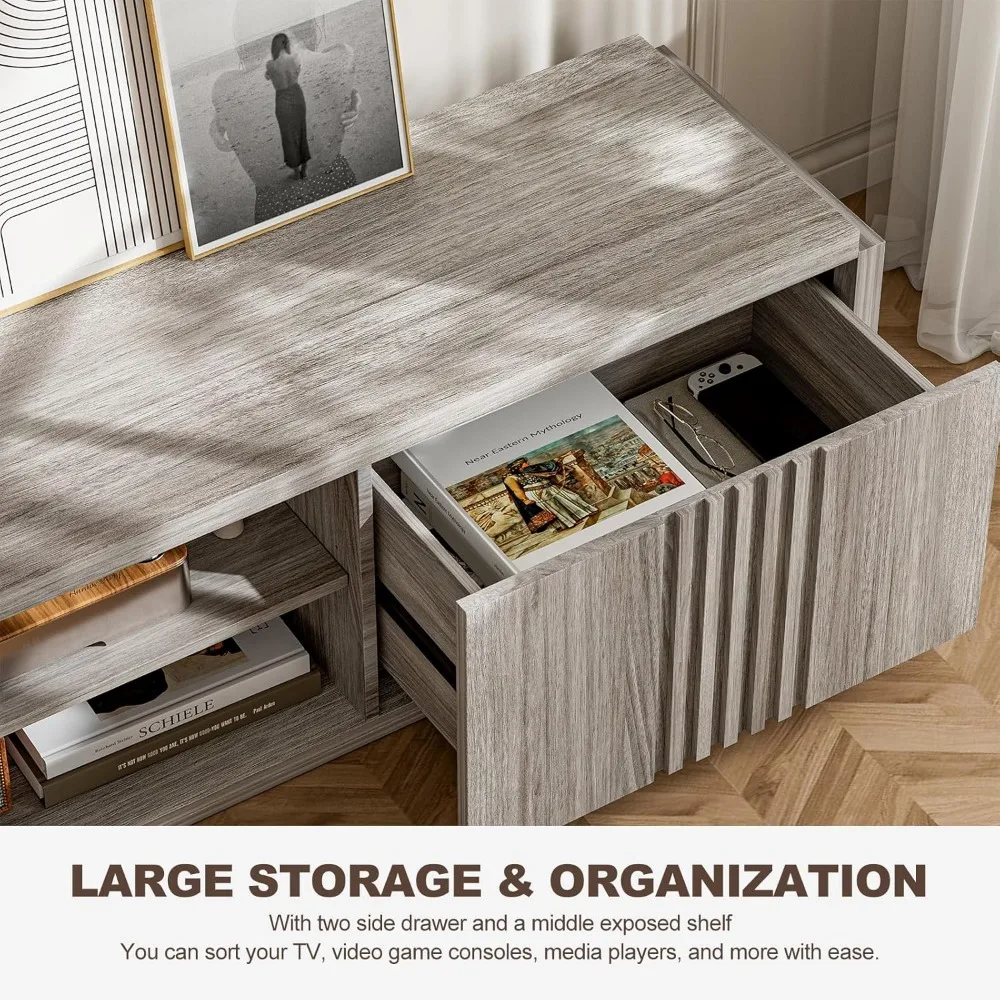 حامل تلفزيون 70 بوصة لأجهزة التلفاز حتى 75 بوصة، طاولة وحدة تحكم مركزية للترفيه الوسائط مع أدراج كبيرة الحجم وأرفف مفتوحة من طبقتين، ش خشبي #5