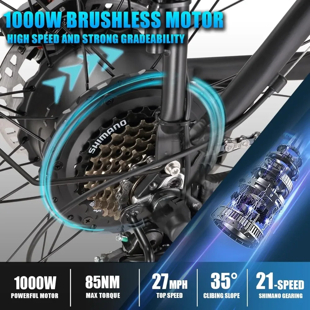 Electric Bike for Adult,1000W/2000W 48V 17.5AH/23AH,26''x4 Fat Tire Ebike for Adults Up to 27MPH/35MPH Hydraulic