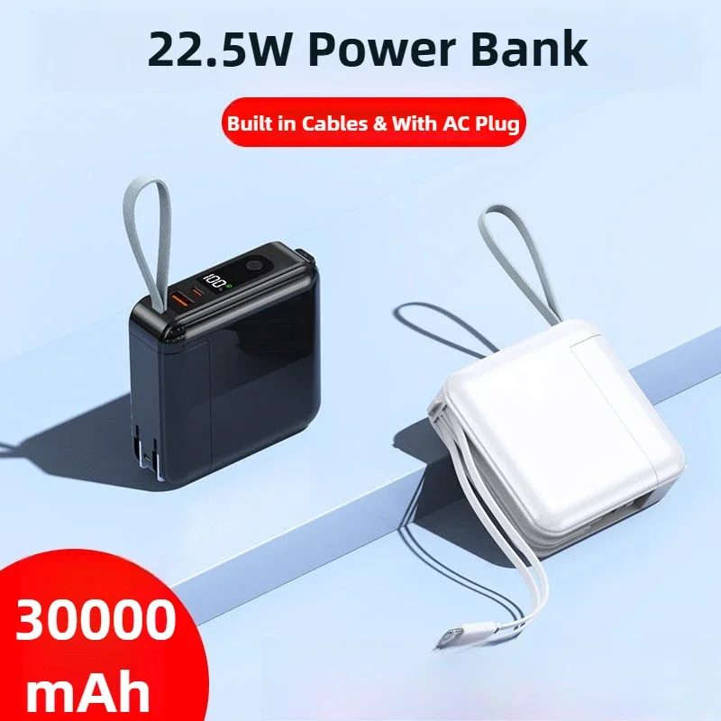 50000mAh Large Capacity Power Pack 22.5W Fast Charge Built-in Cord & AC Wall Plug Portable Charger for iPhone Xiaomi Smartphones view 3