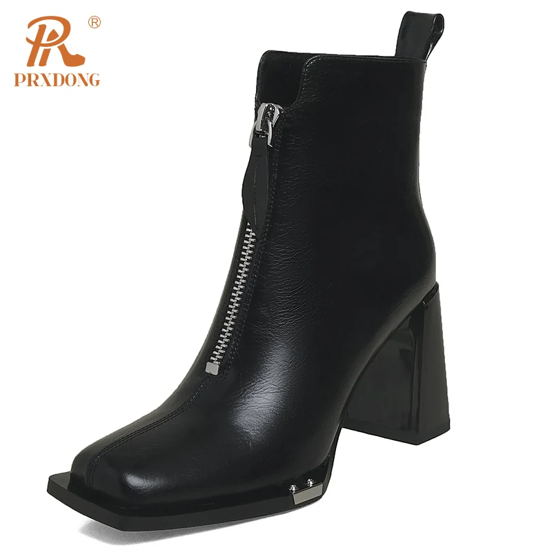 

PRXDONG Women's Boots 2023 New Brand Genuine Leather Square High Heels Platform Shoes Black Brown Dress Party Zipper Lady Shoes