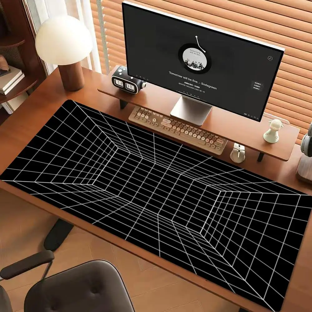 Dark 3D Grid Tunnel Depth Illusion Perspective Table Mat Fit Large Size Laptop Desktop Learning Mat