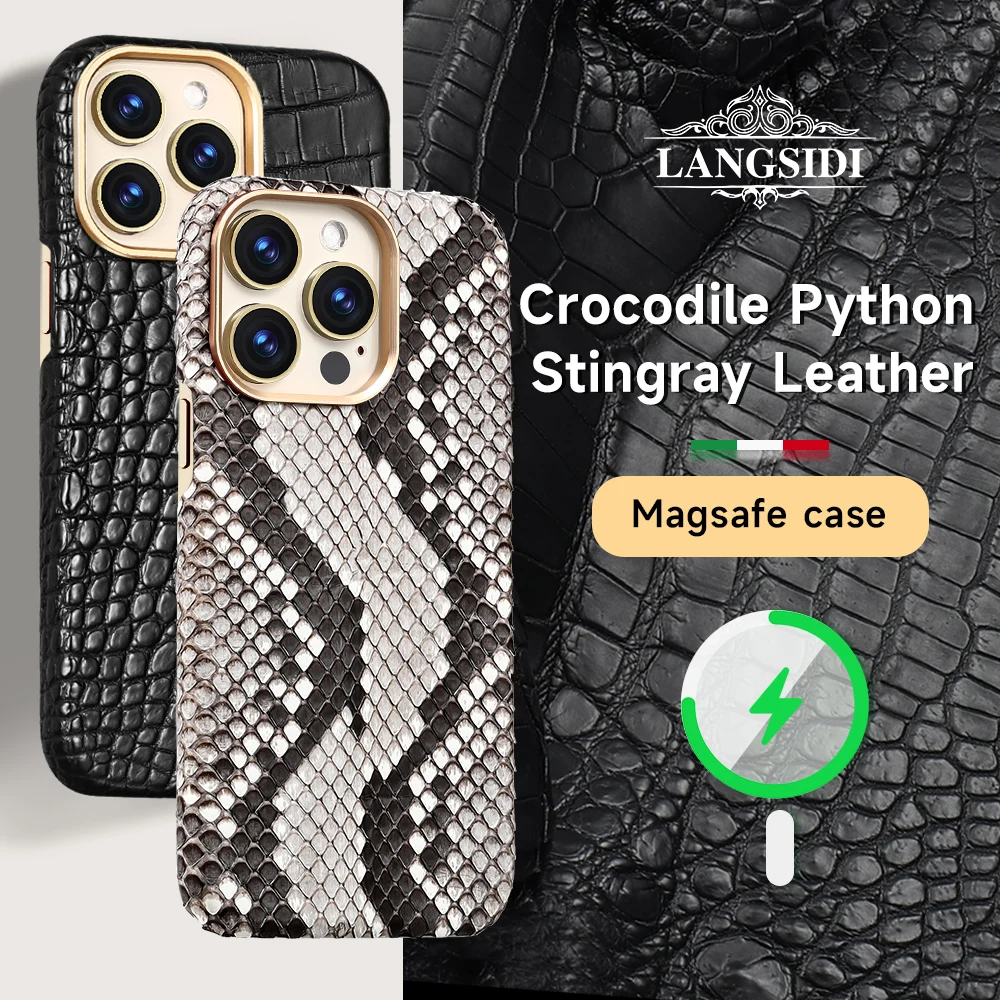 

Leather for Magsafe Case for iPhone 15 14 12 13 ProMax Luxury Genuine Crocodile Ostrich Magnetic BackCover with Screen Protector