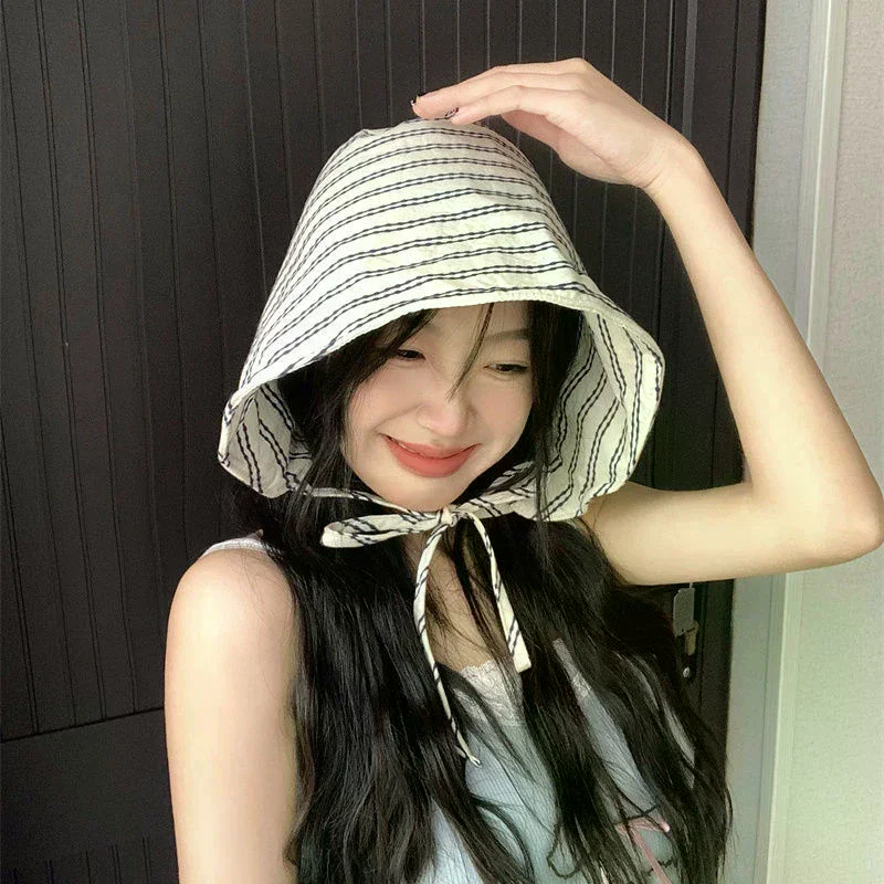 /HTF/Large Brim Foldable Bucket Hats With String For Women Korean Striped Female Panama Bob Outdoor Beach Fishermen Hat