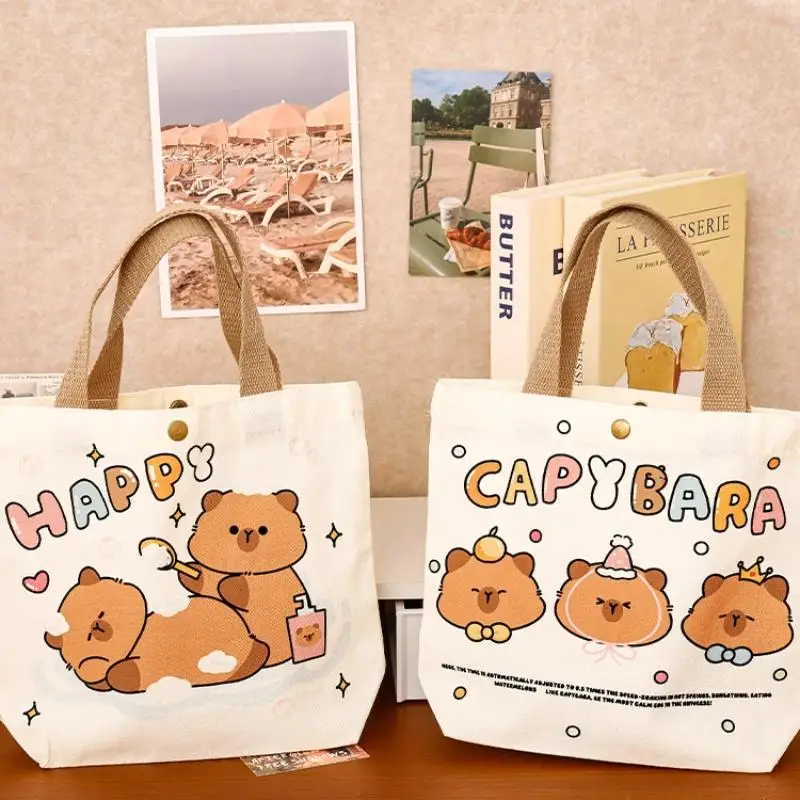 

Cute Cartoon Capybara Canvas Large-Capacity Snap Button Tote Bag Portable Shopping Pouch For Women