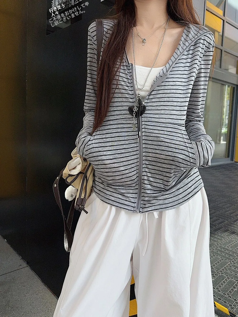 

Spring Autumn Slim Fit Casual Thin Long Sleeve Women's Zipper Hooded Cardigan Outerwear Striped Simple High Grade Jacket