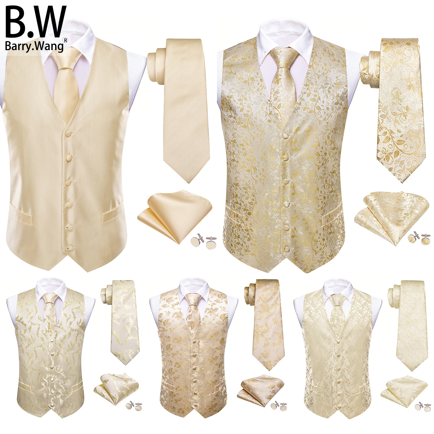 Beige Ivory Champagne Silk Men Vest Tie Hanky Cufflinks Set Woven Waistcoat Sleeveless Jacket Male Wedding Business Barry.Wang