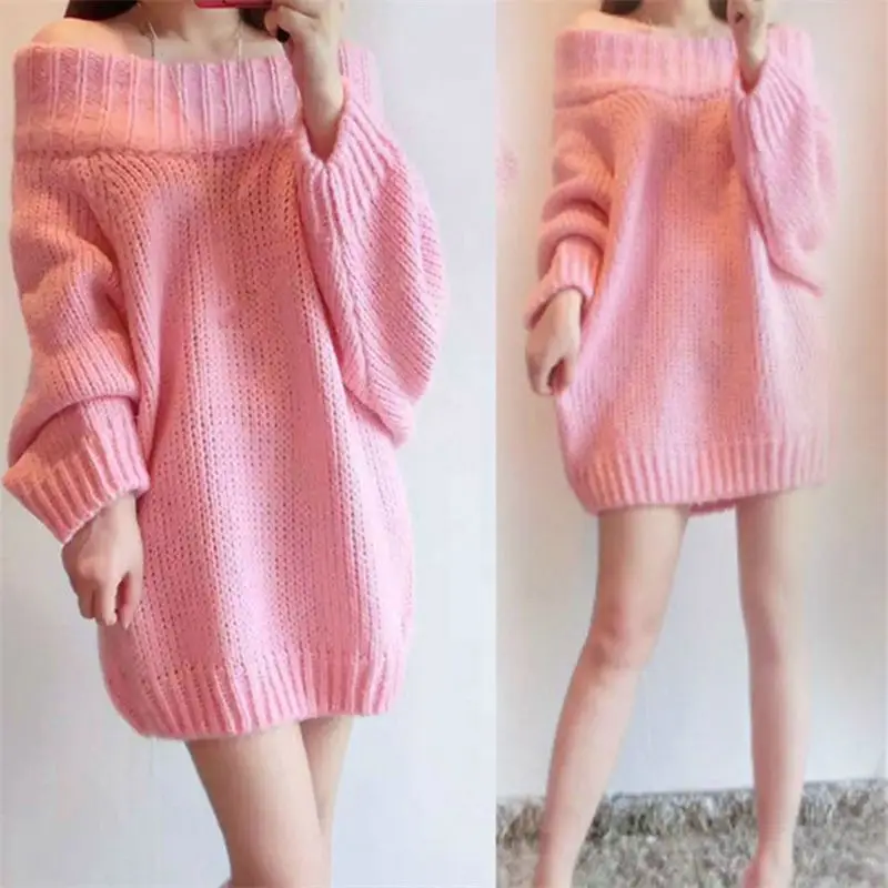 2023 Autumn and Winter Spicy Girls Pure Desire One Line Neck Off Shoulder Casual Loose Oversized Solid Long Sleeve Long Sweater