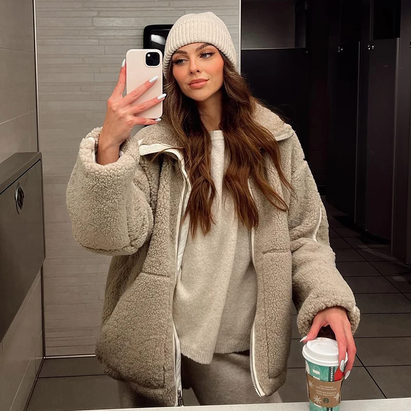 Jaqueta feminina estilo caxemira, ajuste solto, outono inverno, moda casual, zíper, casaco ao ar livre personalizado