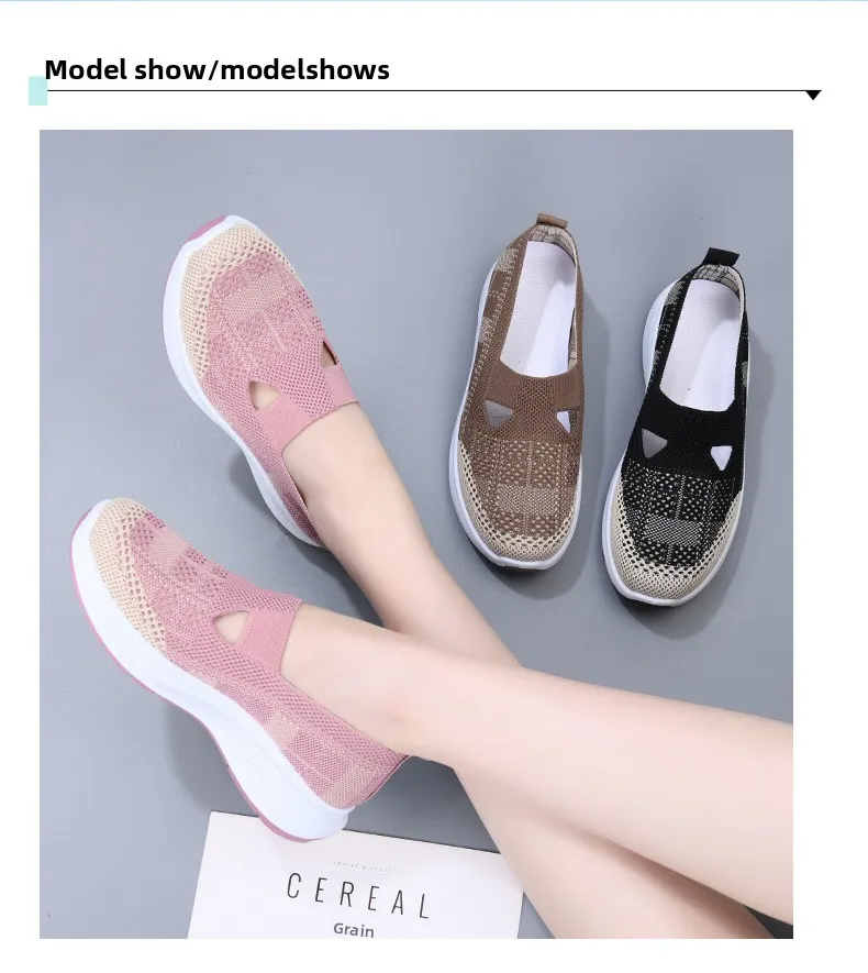 Damen-Slipper aus hohlem Netzstoff, atmungsaktiv, gestrickt, dicke Plattform, leicht, rutschfest, lässige Loafer für Mütter, Senioren, Outdoor – Detail 9