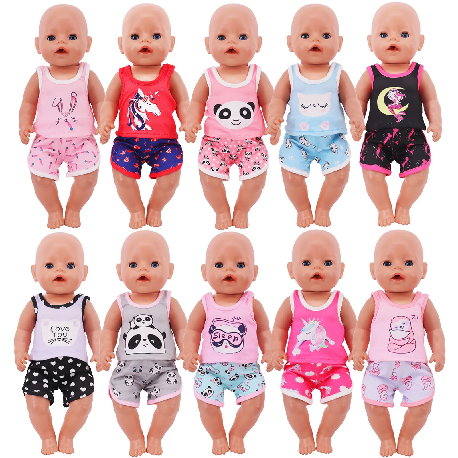 Doll Clothes Cat Unicorn Panda Printed Vest Top Doll Accessoires Shorts Fit 18Inch American Doll Girl&43Cm Reborn Baby Doll Gift