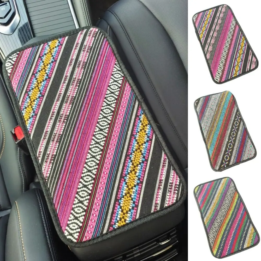 Ethnic Style Car Armrest Box Protector Cover Linen Fabric Breathable Arm Rest Protection Cushion Bohemia Non-slip