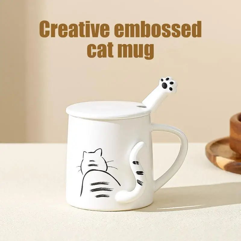 Unique Cat Coffee Mug with Lid and Spoon Cat Tail Ceramic Tea cup and Coffee Mug, cute Birthday Christmas stuff for Cat Lovers