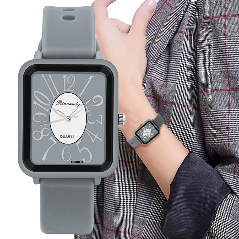 Minimalista Señoras Deportes Marca Relojes Moda Figuras cuadradas Mujeres Reloj de cuarzo Gris cinta de silicona a juego Relojes de pulsera de vestir