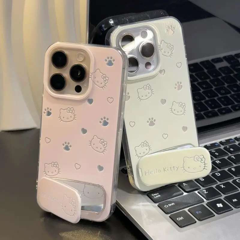 

MINISO Cartoon Hello Kitty Mirror Stand Phone Case for iPhone 16 Pro Max 15 Pro 14 13 12 New Full Coverage Phone Protective Case