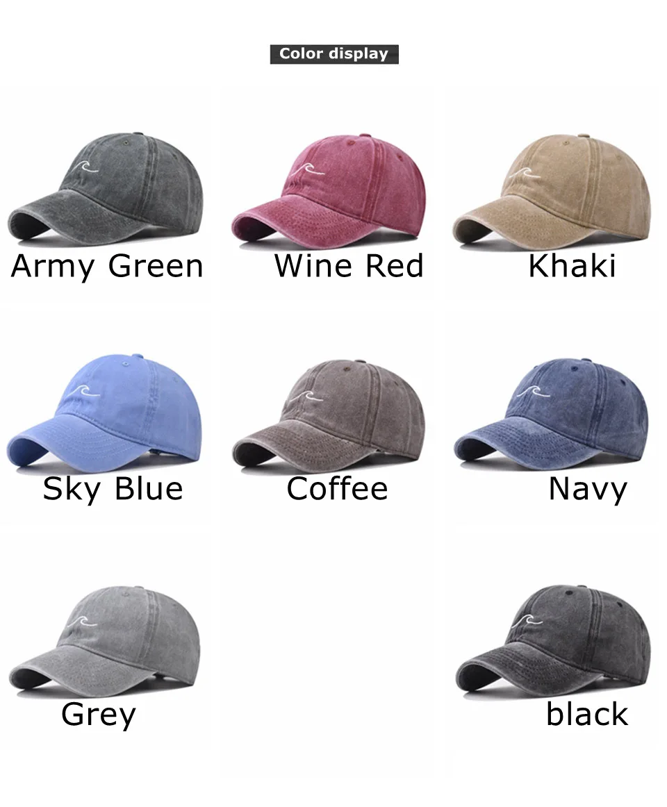 Wave Ripple Embroidery Baseball Cap Solid Color Washed Cotton Dad Hats Simple Vintage Hip Hop Hats For Women Men Snapback Caps