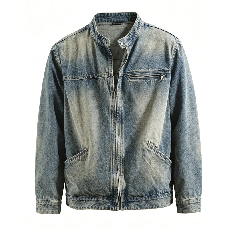 Frühling Herbst Herren-Jeansjacken Mode Vintage Gewaschene Biker-Jeansmäntel Herren Stehkragen Windbreaker Reißverschluss-Jeansjacken