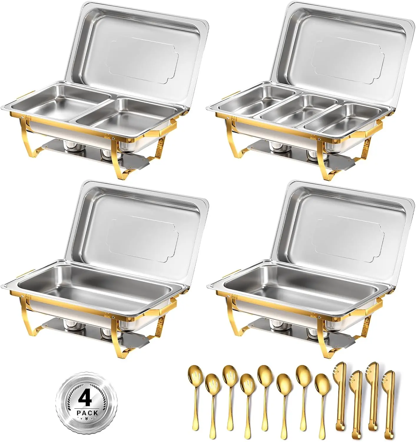 

8 Qt Buffet Chafing Dishes Set, 4 Pack 7 Pans, Rolled-Edge Warmers for Parties, Weddings, Camping [Half Gold]